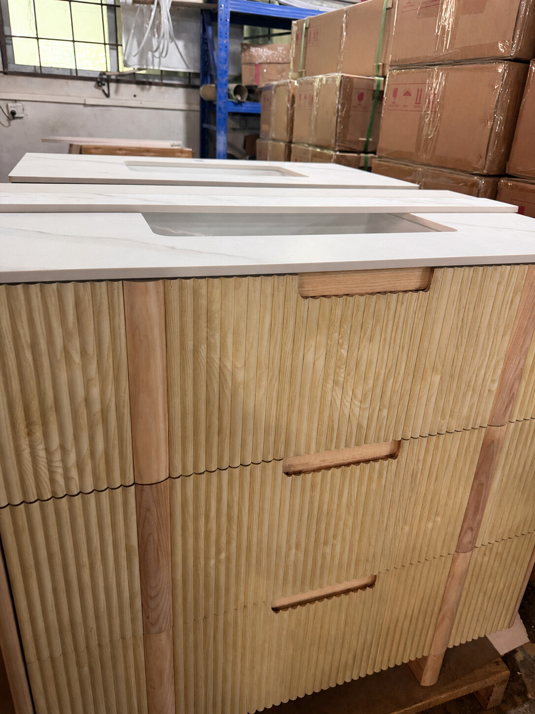Pre-production bathroom vanity samples under review