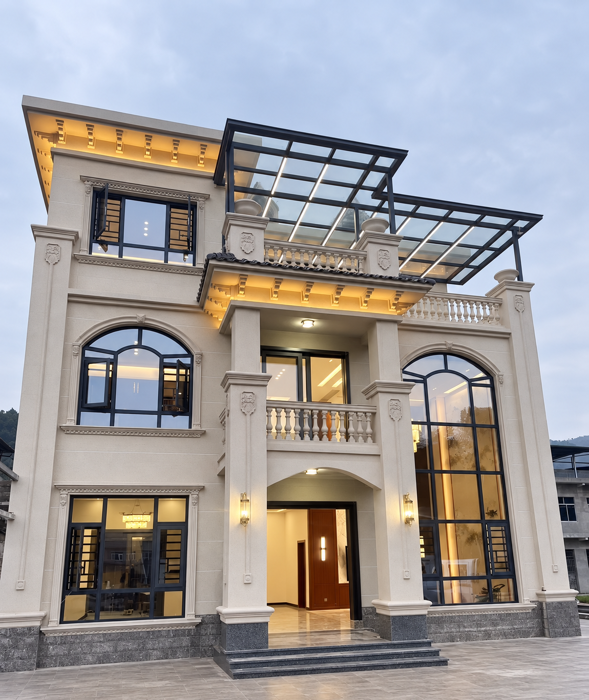 Aluminum windows and glass canopy on a residential building — retouched project photograph