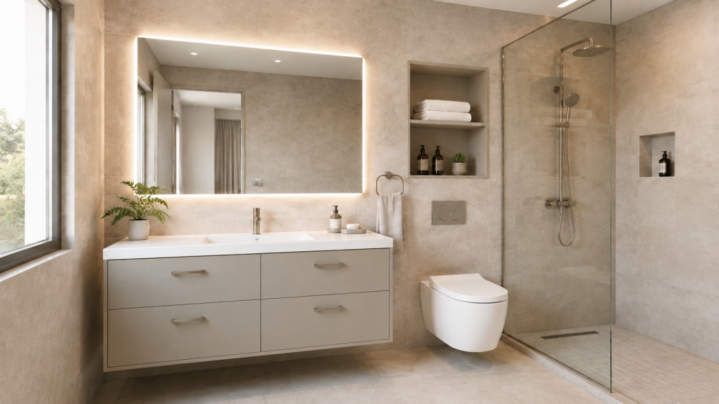One-stop bathroom package concept with a solid-colour vanity for an African residential or hospitality project